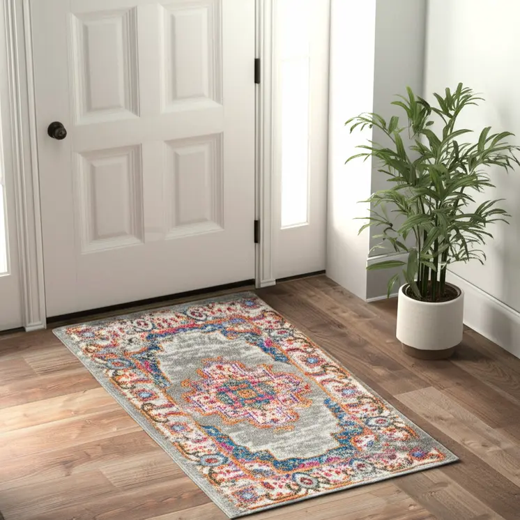 2' X 3' Gray And Gold Medallion Distressed Area Rug