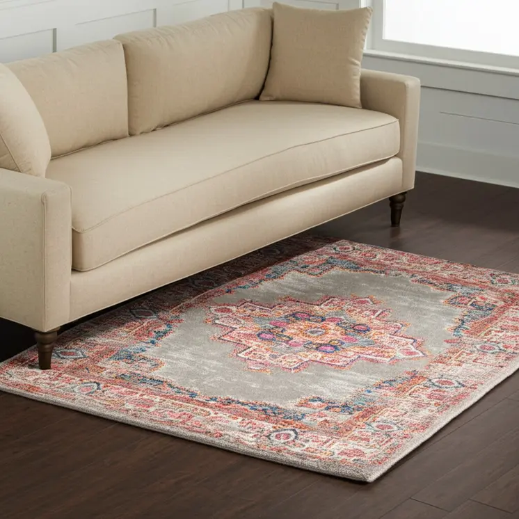 5' X 7' Gray And Gold Medallion Distressed Area Rug