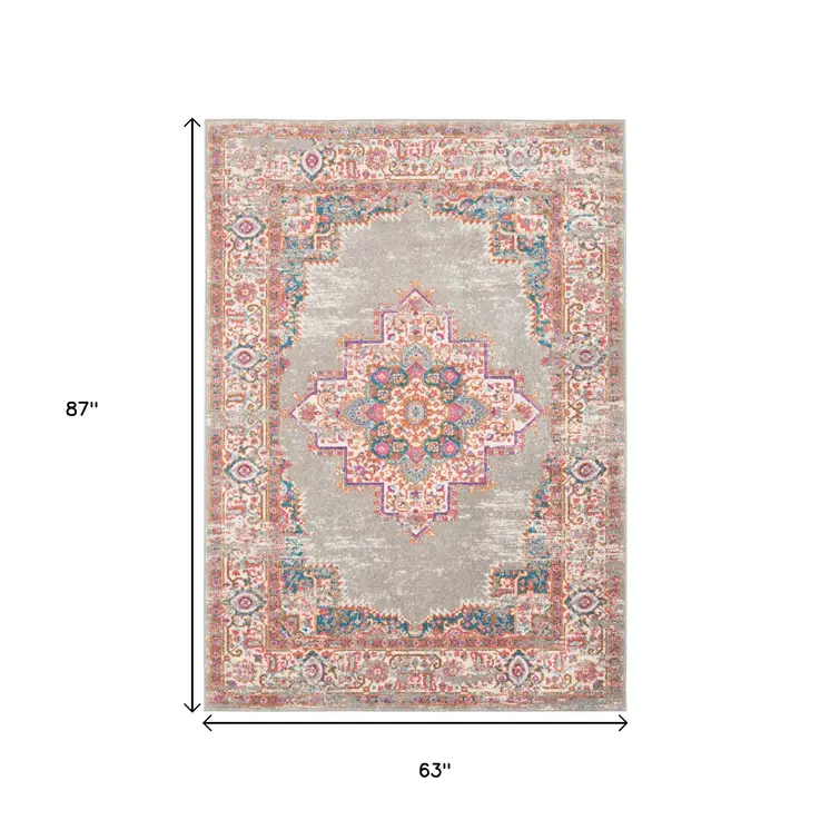 5' X 7' Gray And Gold Medallion Distressed Area Rug