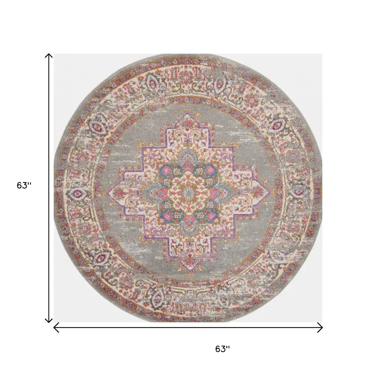 5' Gray And Gold Medallion Distressed Round Rug