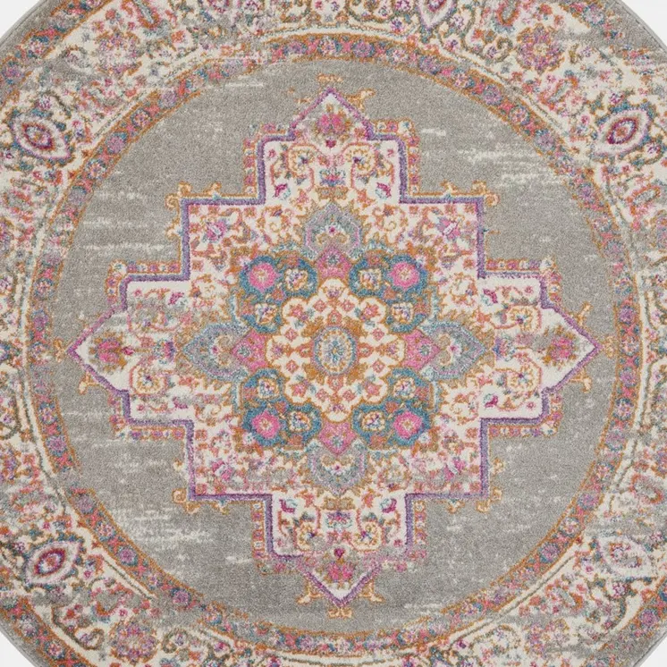 5' Gray And Gold Medallion Distressed Round Rug