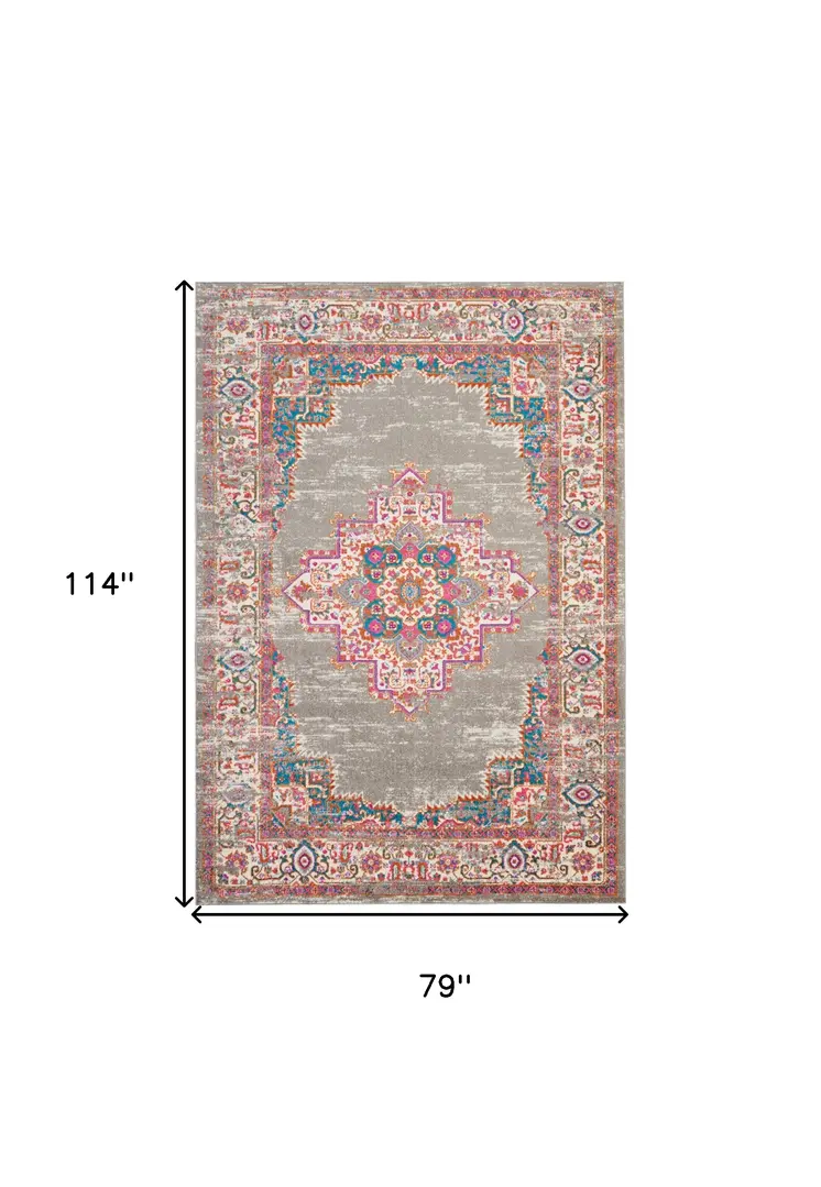 7' X 10' Gray And Gold Medallion Distressed Area Rug