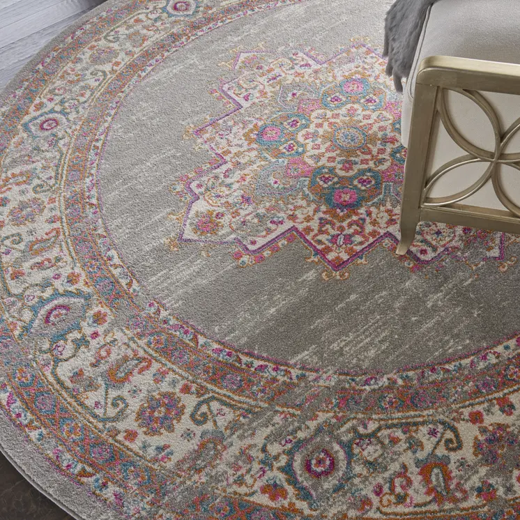 8' Gray And Gold Medallion Distressed Round Rug