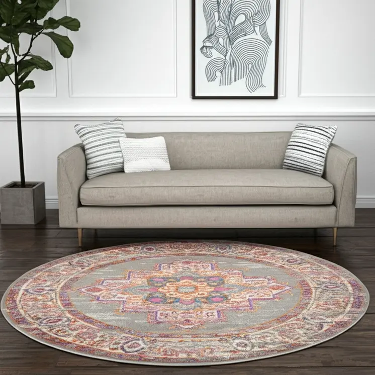 8' Gray And Gold Medallion Distressed Round Rug
