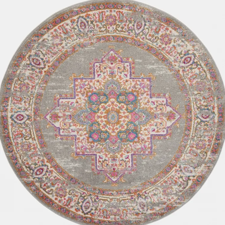 8' Gray And Gold Medallion Distressed Round Rug