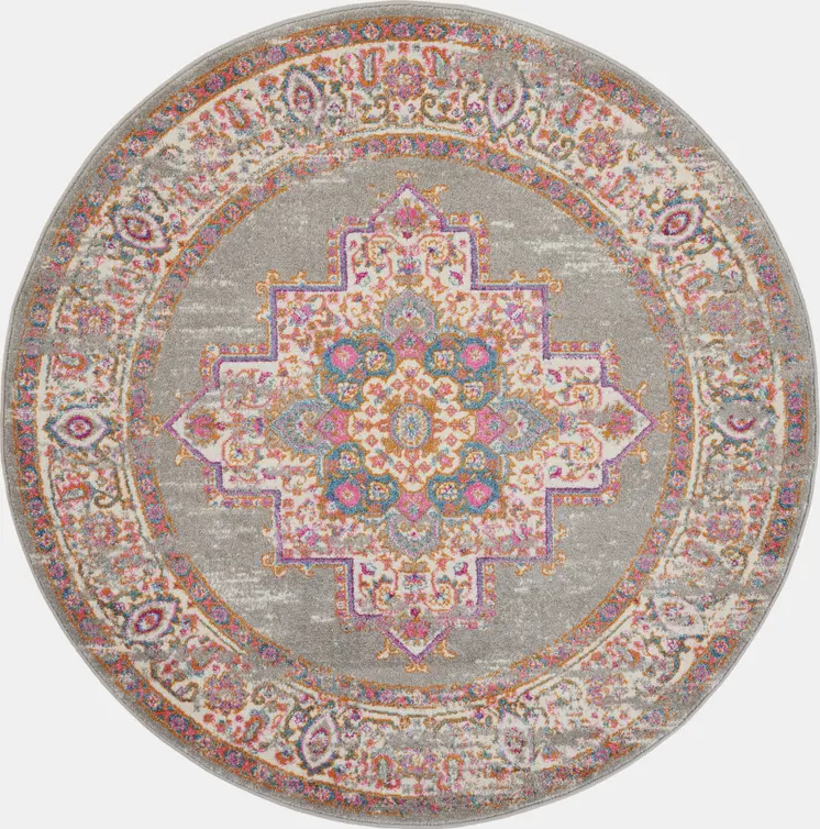 8' Gray And Gold Medallion Distressed Round Rug