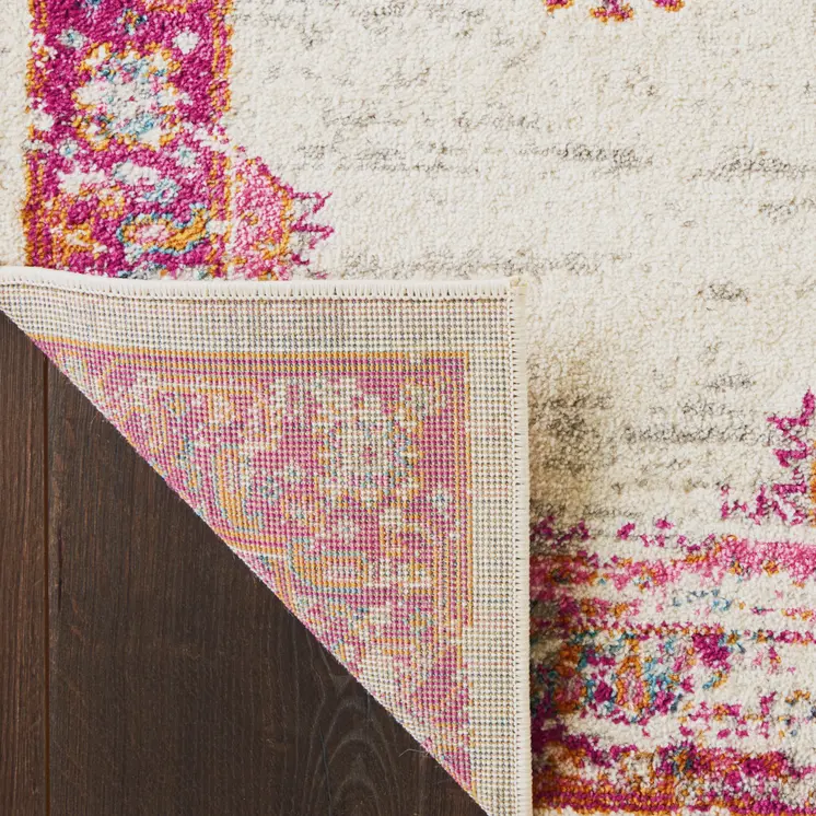 6' Ivory And Fuchsia Oriental Distressed Runner Rug