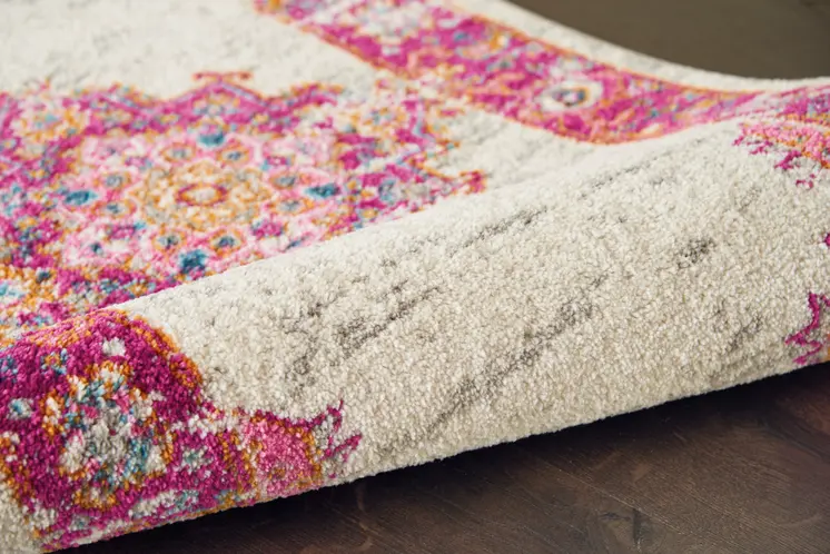 6' Ivory And Fuchsia Oriental Distressed Runner Rug