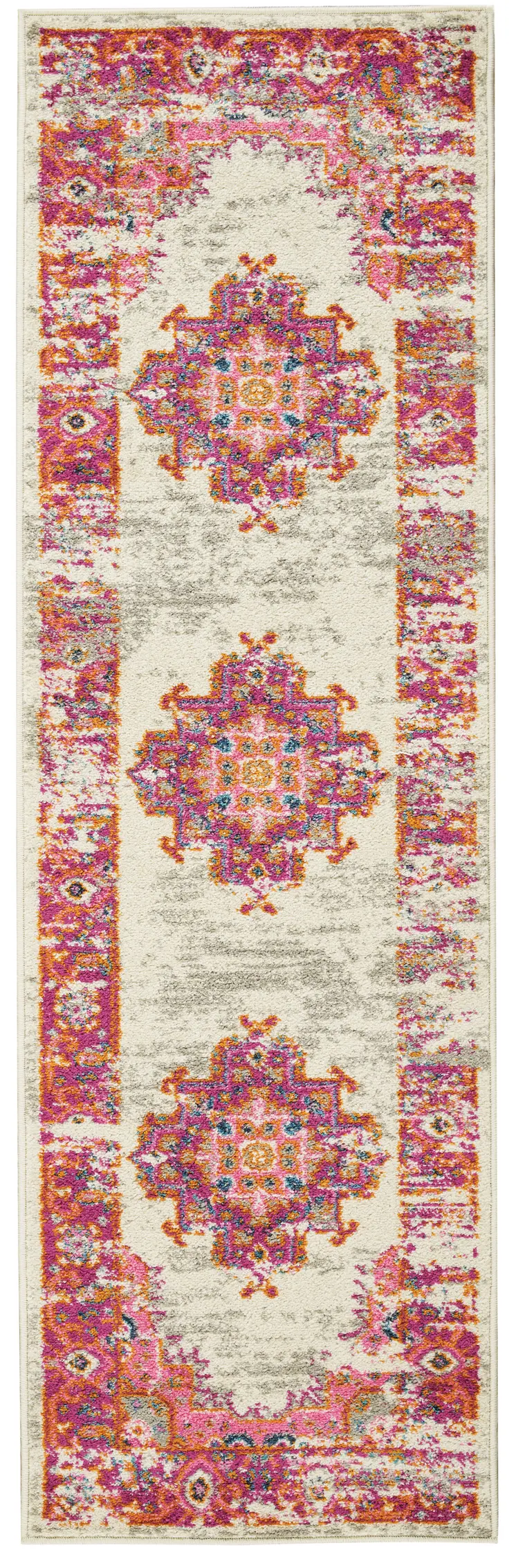 6' Ivory And Fuchsia Oriental Distressed Runner Rug