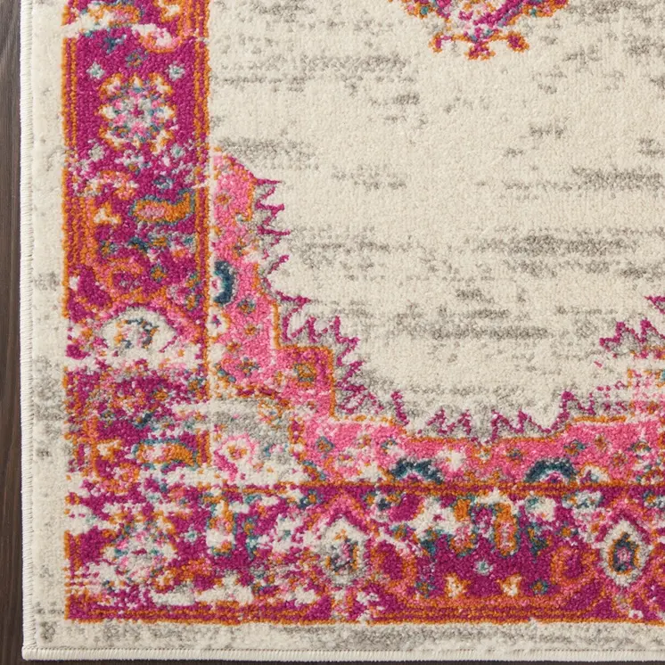 6' Ivory And Fuchsia Oriental Distressed Runner Rug