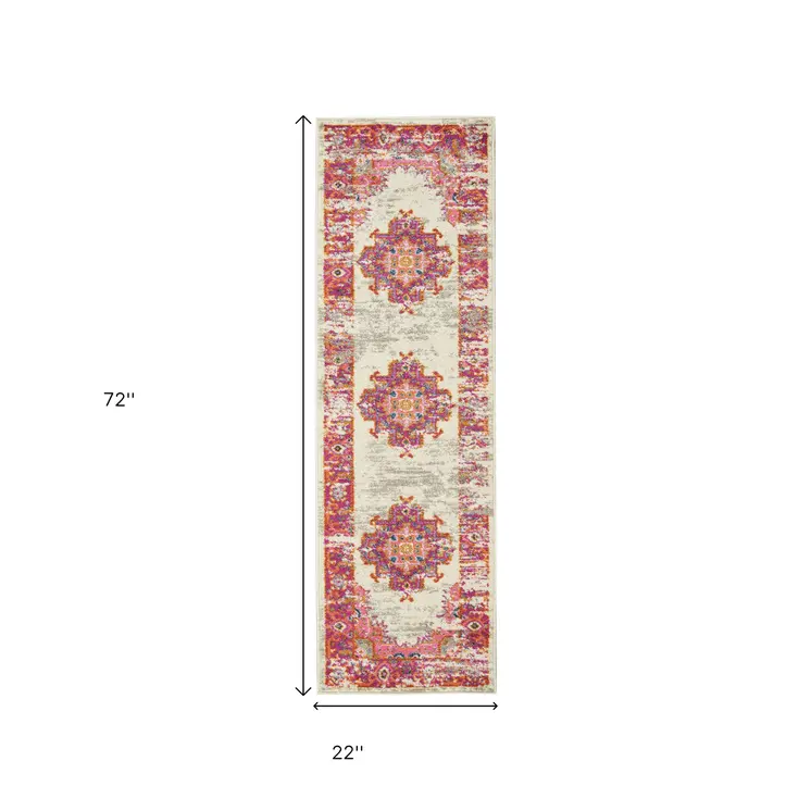 6' Ivory And Fuchsia Oriental Distressed Runner Rug