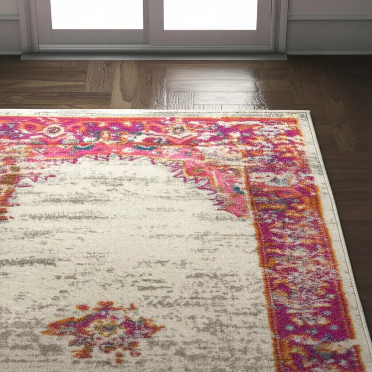 6' Ivory And Fuchsia Oriental Distressed Runner Rug