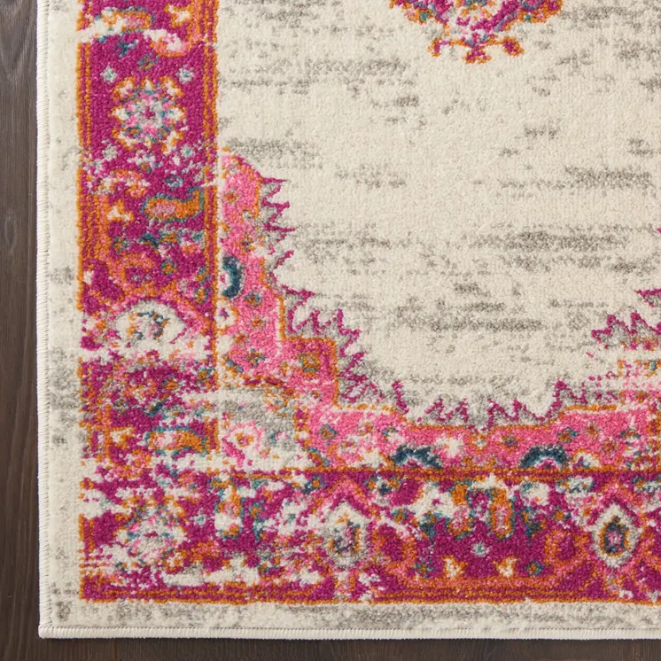6' Ivory And Fuchsia Oriental Distressed Runner Rug