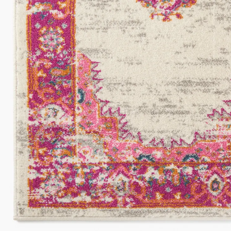 6' Ivory And Fuchsia Oriental Distressed Runner Rug