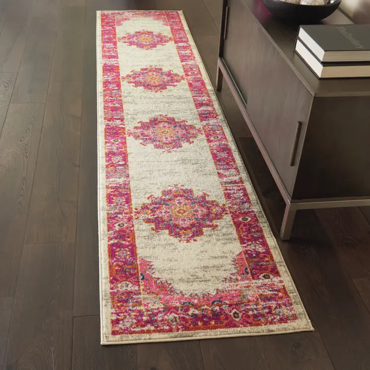 10' Ivory And Fuchsia Oriental Distressed Runner Rug