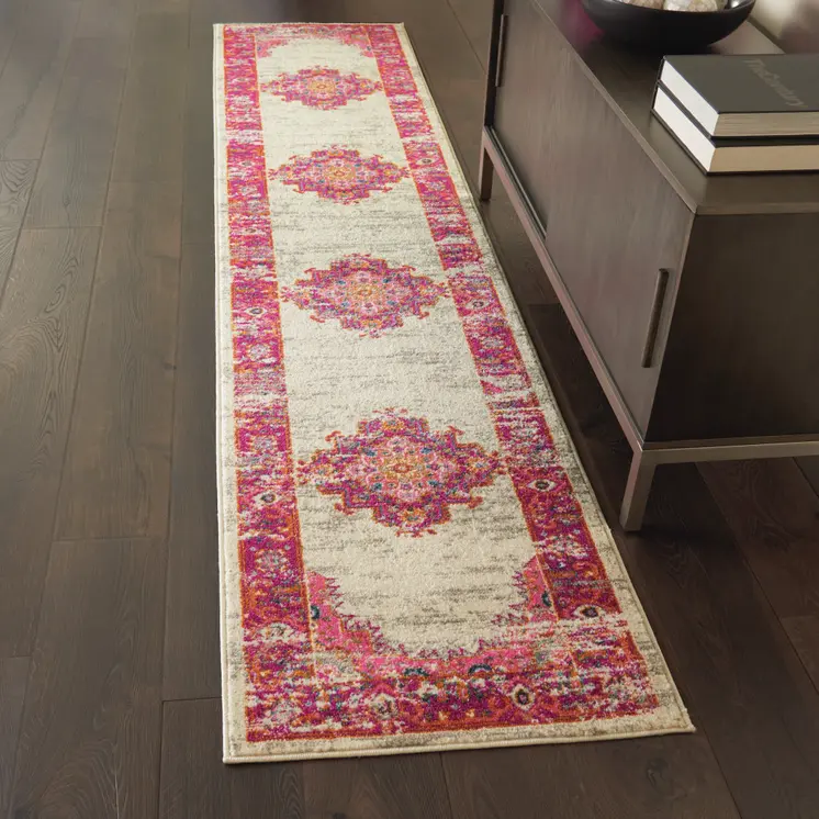 10' Ivory And Fuchsia Oriental Distressed Runner Rug