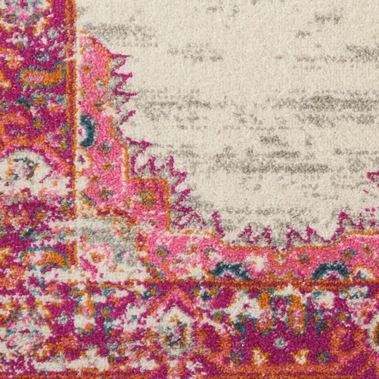 10' Ivory And Fuchsia Oriental Distressed Runner Rug
