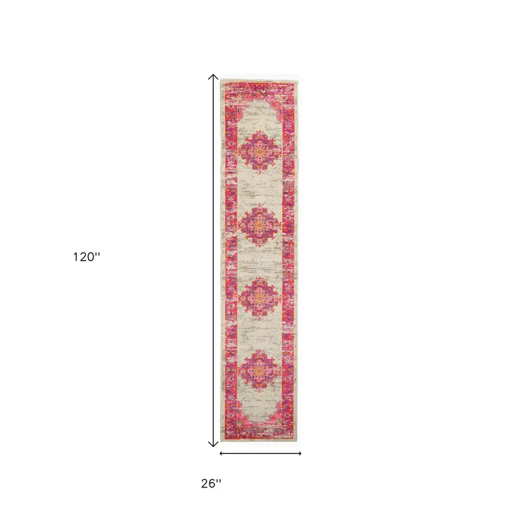 10' Ivory And Fuchsia Oriental Distressed Runner Rug
