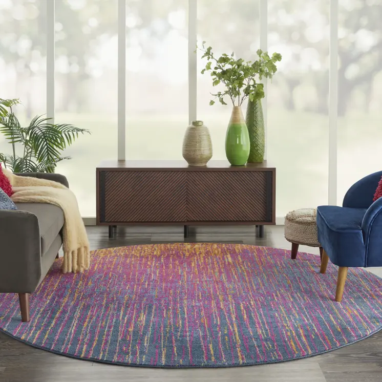 8' Blue And Orange Abstract Round Rug