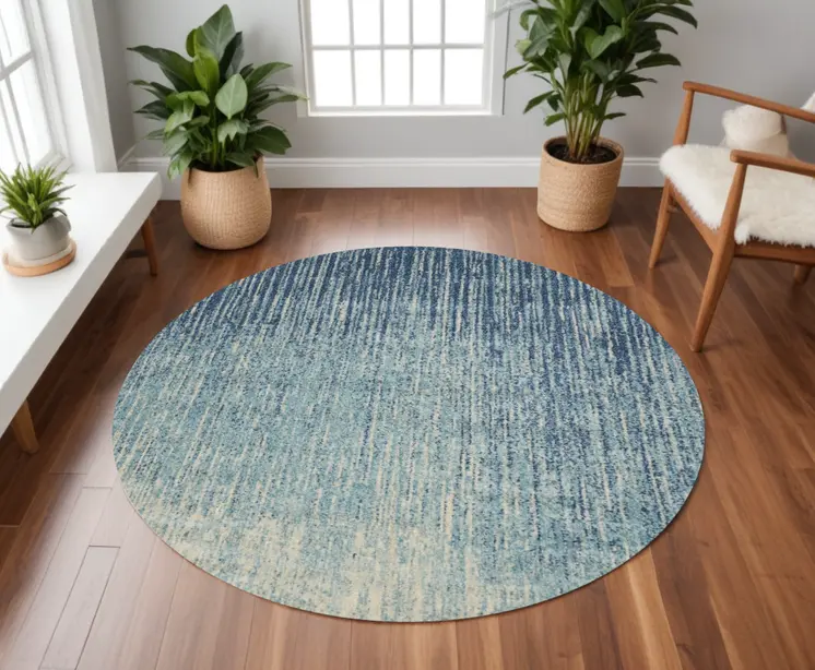 8' Blue And Ivory Abstract Round Rug