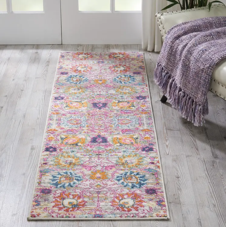 6' Silver Gray And Pink Floral Distressed Runner Rug