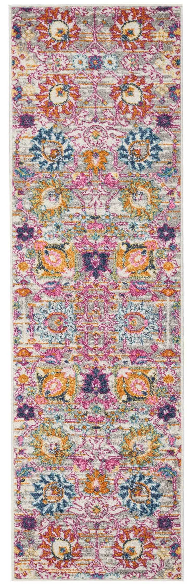 6' Silver Gray And Pink Floral Distressed Runner Rug