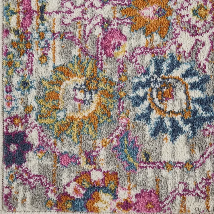 6' Silver Gray And Pink Floral Distressed Runner Rug