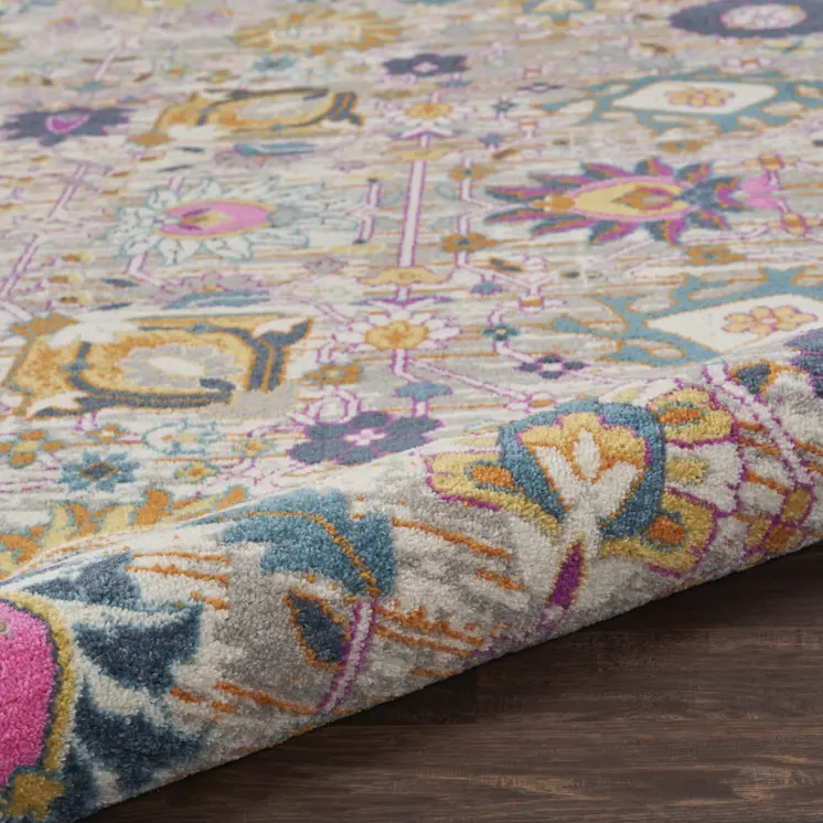 8' Silver Gray And Pink Floral Distressed Runner Rug
