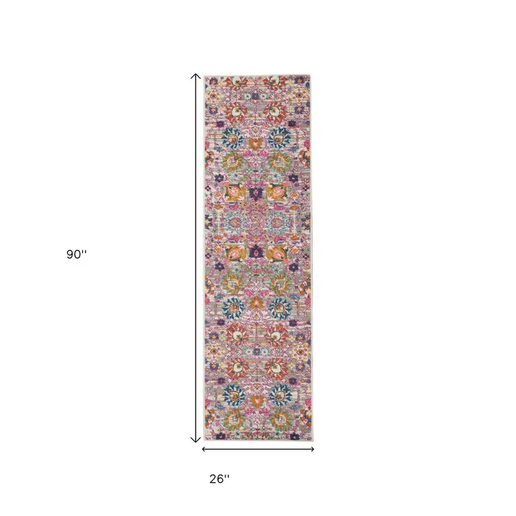 8' Silver Gray And Pink Floral Distressed Runner Rug