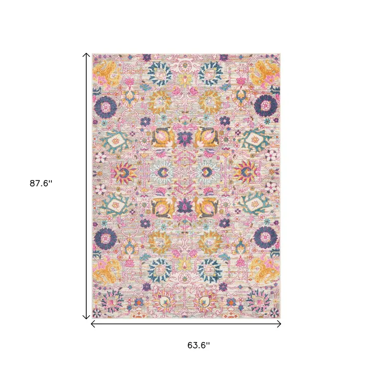 5' X 7' Gray And Pink Floral Distressed Area Rug