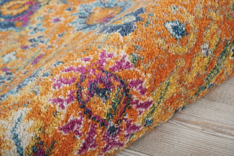 6' Blue And Orange Floral Distressed Runner Rug