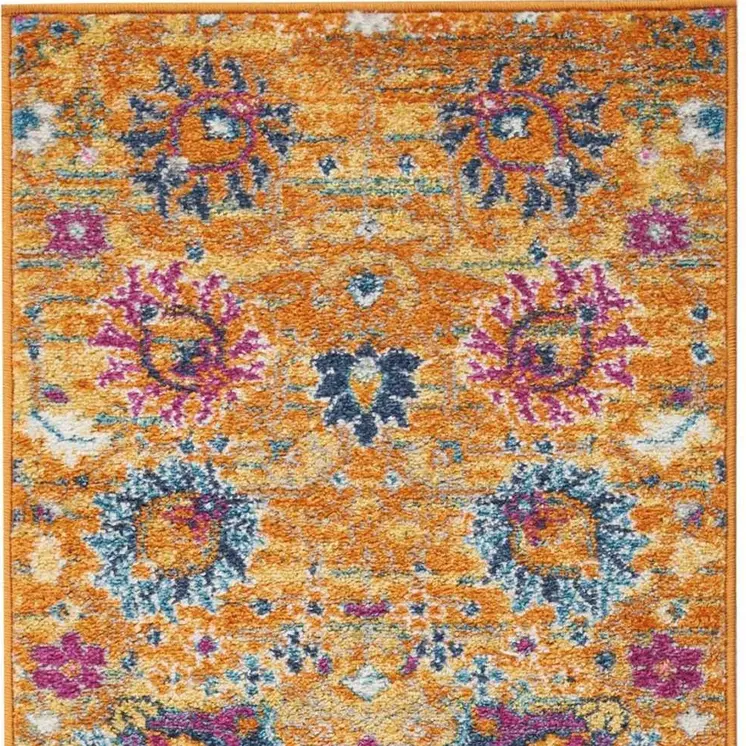 6' Blue And Orange Floral Distressed Runner Rug