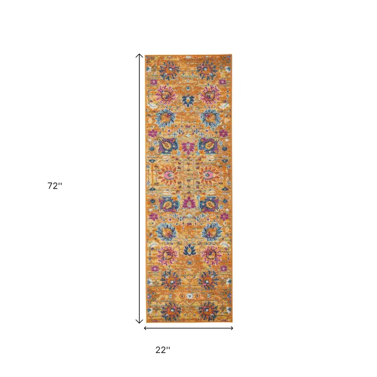 6' Blue And Orange Floral Distressed Runner Rug