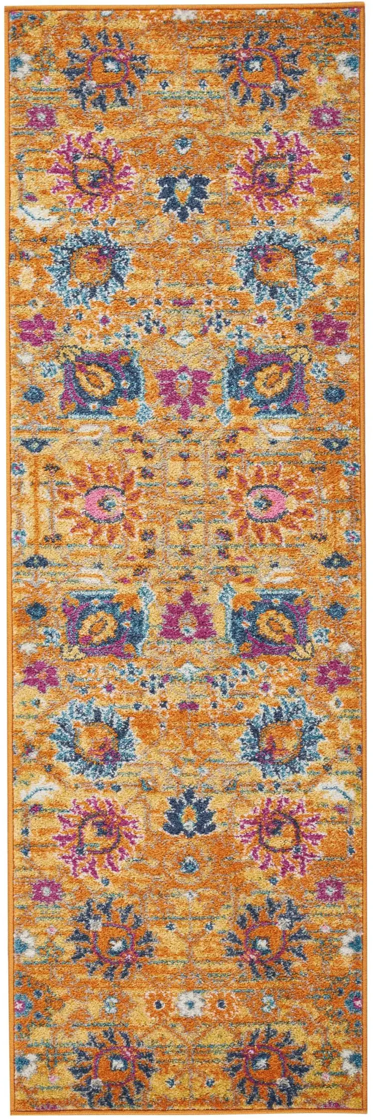 6' Blue And Orange Floral Distressed Runner Rug