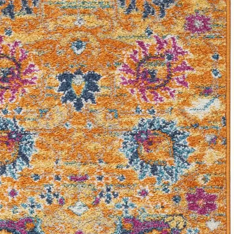 6' Blue And Orange Floral Distressed Runner Rug