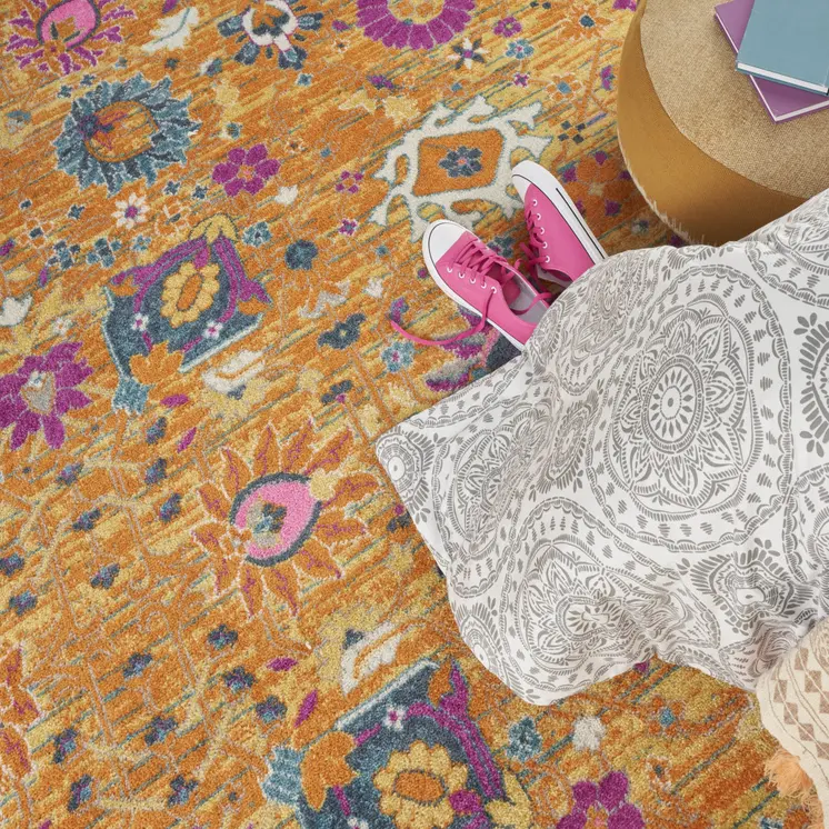 4' X 6' Blue And Orange Floral Distressed Area Rug