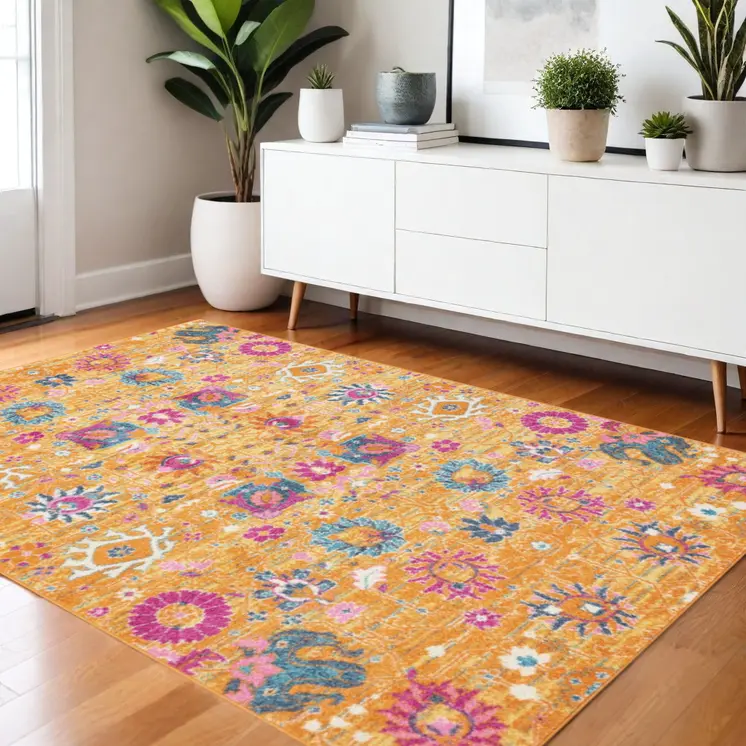 4' X 6' Blue And Orange Floral Distressed Area Rug