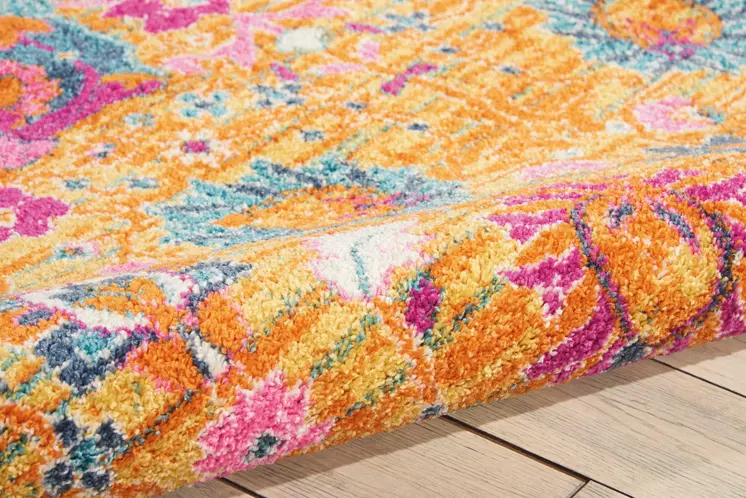 5' X 7' Blue And Orange Floral Distressed Area Rug