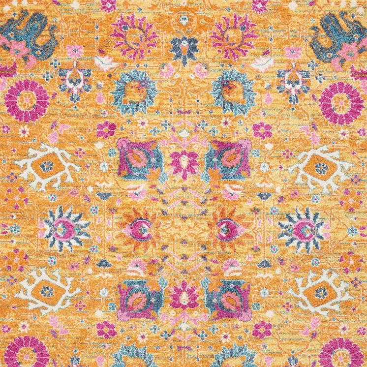 5' X 7' Blue And Orange Floral Distressed Area Rug