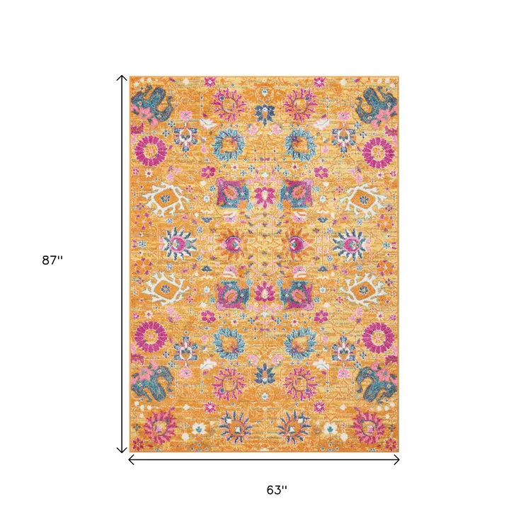 5' X 7' Blue And Orange Floral Distressed Area Rug