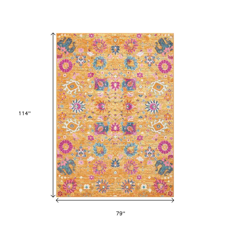7' X 10' Blue And Orange Floral Distressed Area Rug