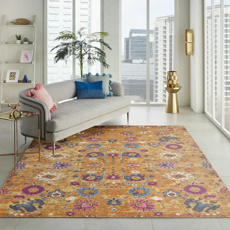 8' X 10' Blue And Orange Floral Distressed Area Rug
