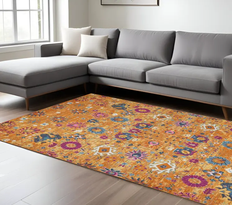8' X 10' Blue And Orange Floral Distressed Area Rug
