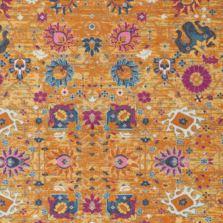8' X 10' Blue And Orange Floral Distressed Area Rug