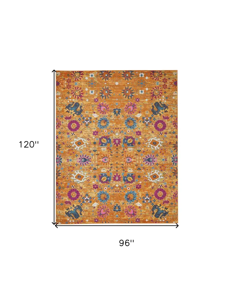 8' X 10' Blue And Orange Floral Distressed Area Rug