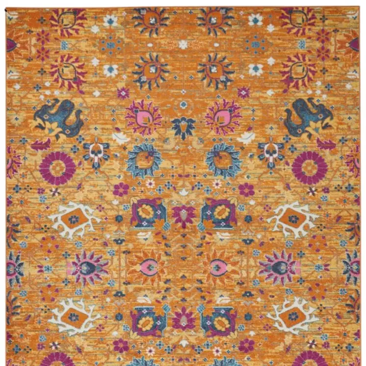8' X 10' Blue And Orange Floral Distressed Area Rug