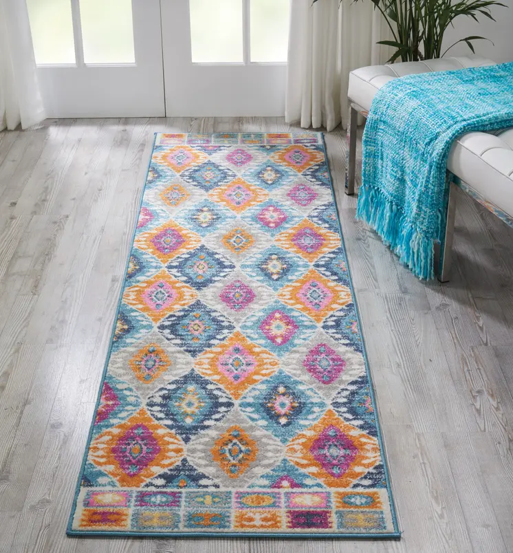 8' Ivory And Blue Ogee Distressed Runner Rug