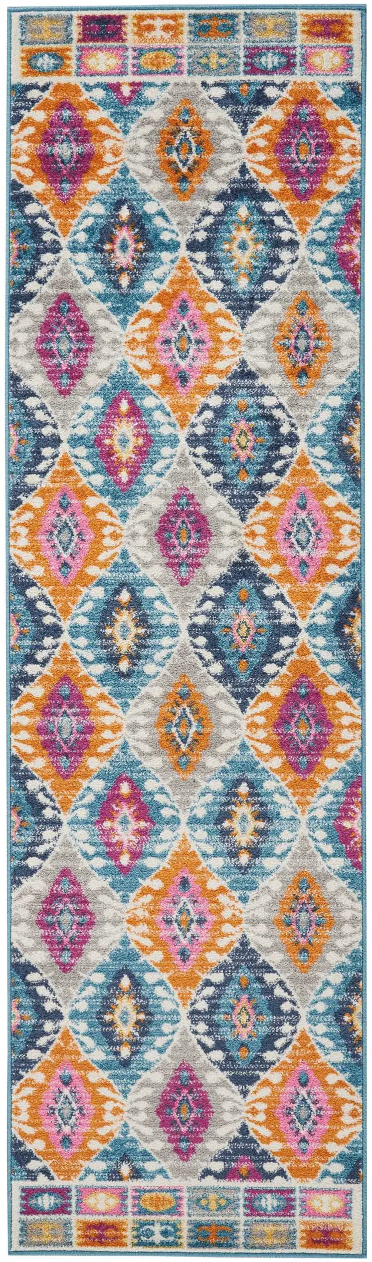 8' Ivory And Blue Ogee Distressed Runner Rug