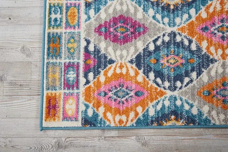 8' Ivory And Blue Ogee Distressed Runner Rug