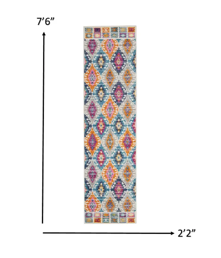 8' Ivory And Blue Ogee Distressed Runner Rug
